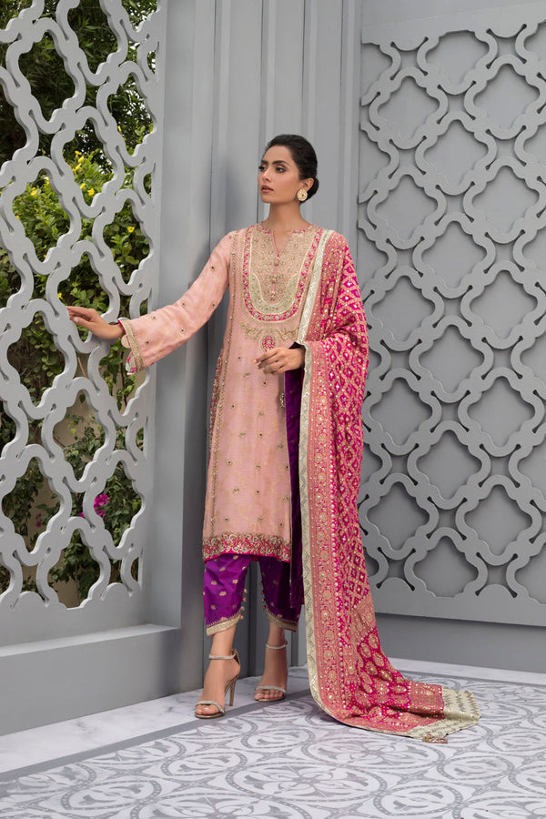 Pink Zari Net Shirt With Jamawar Shalwar & Chunri Dupatta