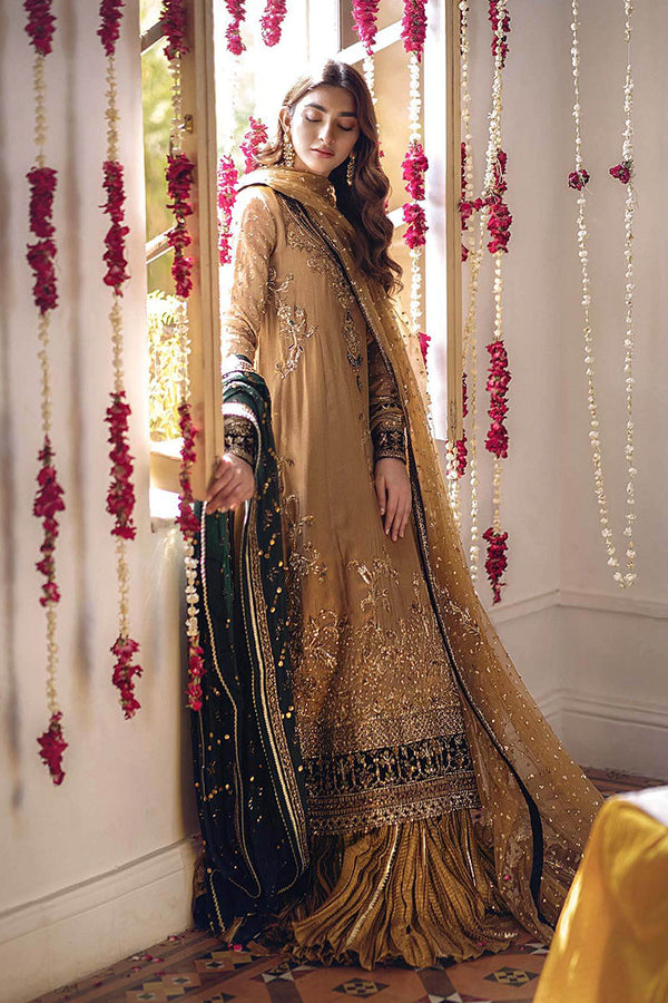 Mercan Long Kameez With Crushed Lehenga & Shawl